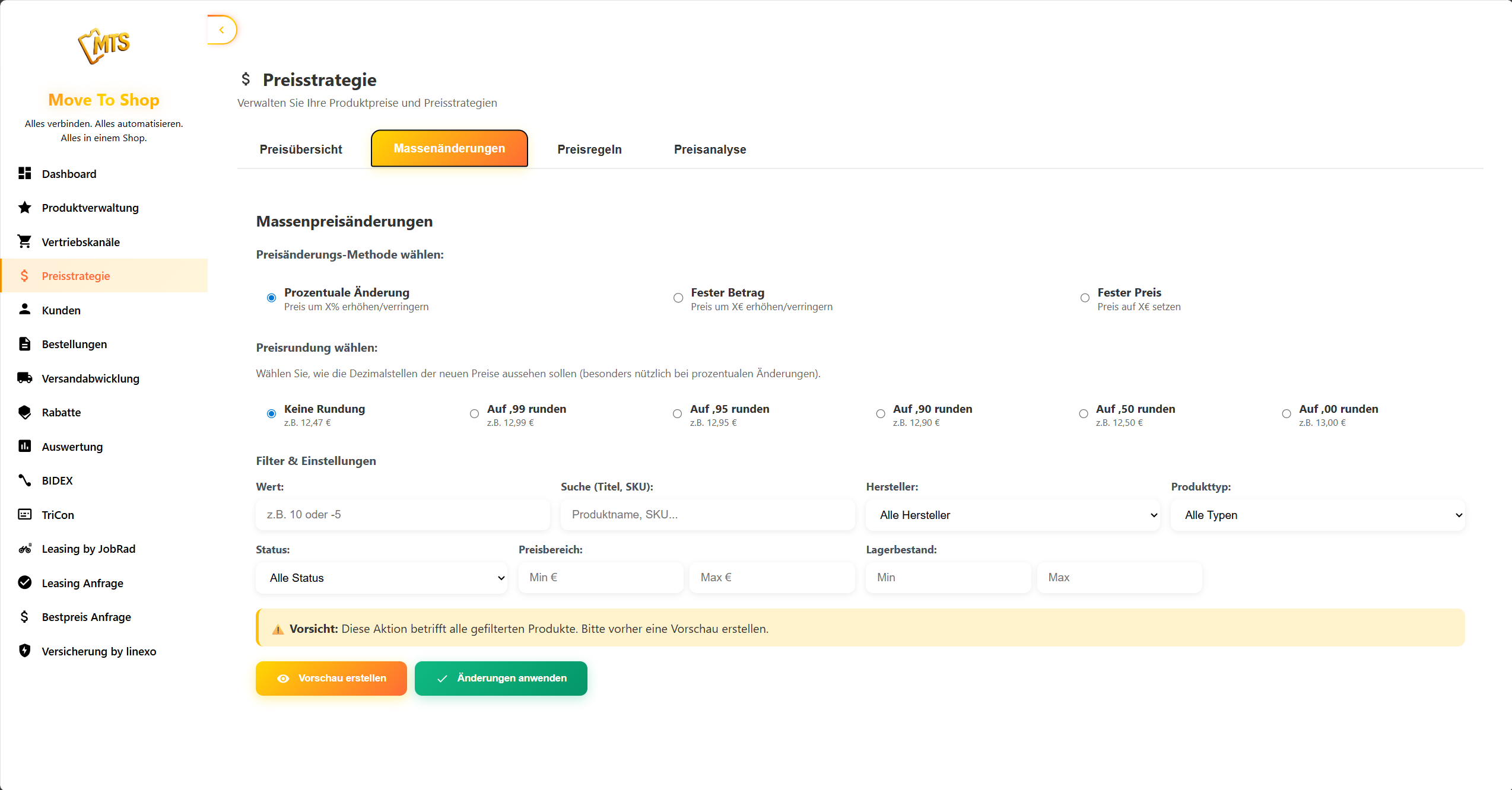 Preisstrategie im Move To Shop Dashboard