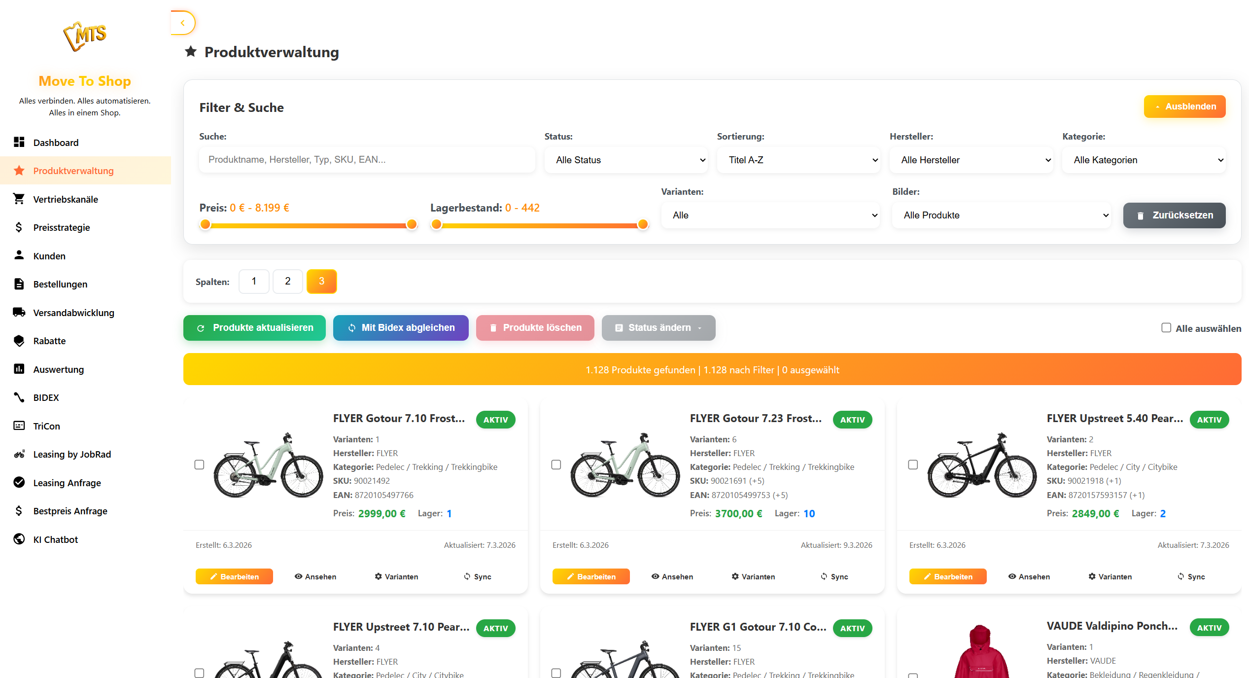 Produktverwaltung – Move To Shop Dashboard